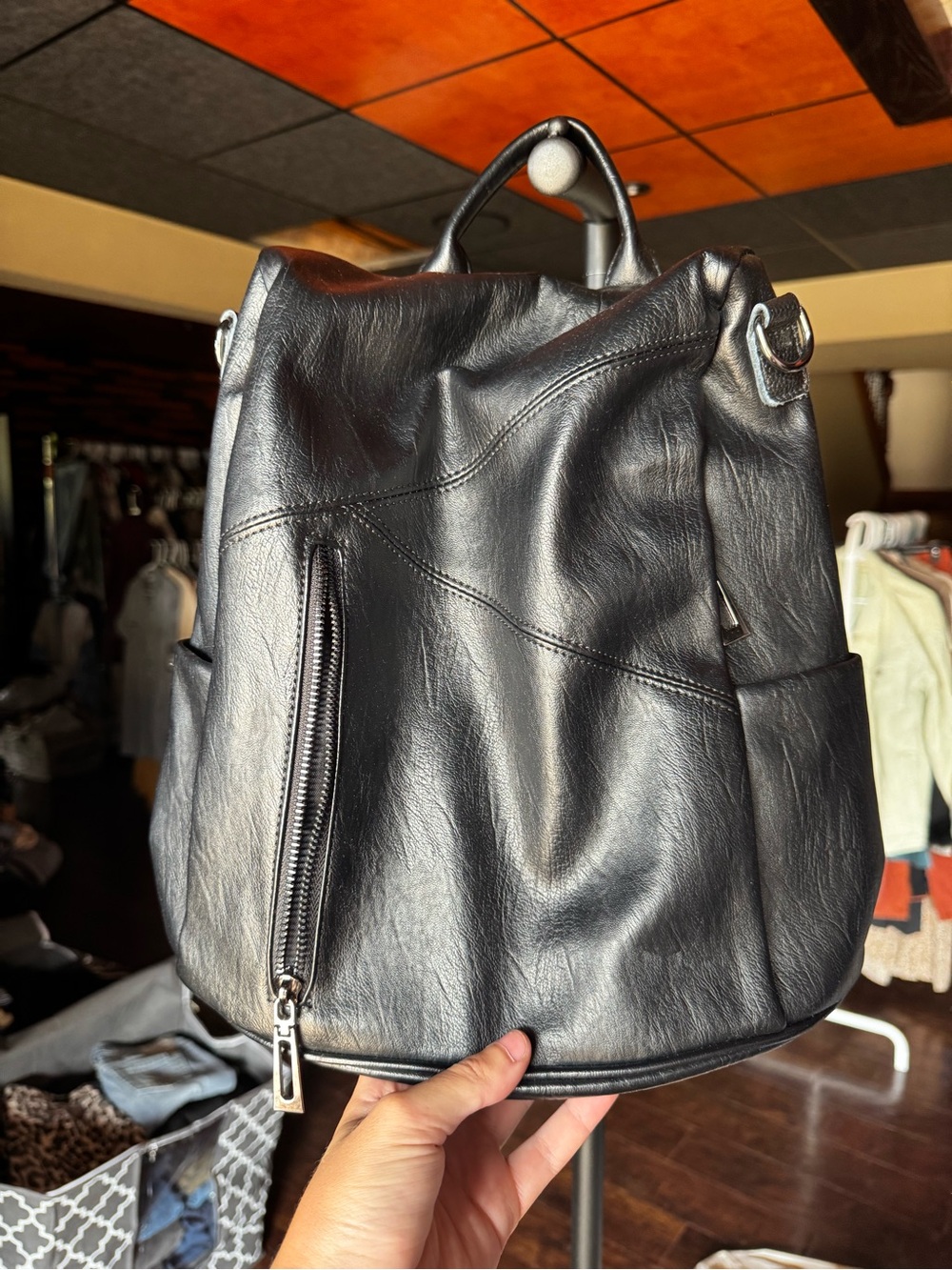 NEW Black Faux Leather Backpack Purse